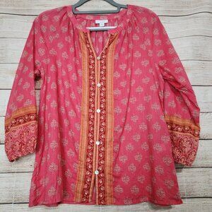 J. Jill Printed Border Voile Blouse Top Red Pink Boho Floral Mix Size Small